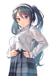 Rule 34 | 1girl, blue hair, bra, breasts, chromatic aberration, dress shirt, dressing, from below, green eyes, hairband, isuzu (kancolle), kantai collection, long hair, long sleeves, looking at viewer, medium breasts, open fly, parted lips, plaid, plaid skirt, pleated skirt, satsuki neko, see-through, shirt, simple background, skirt, sleeves past wrists, solo, twintails, underwear, white background