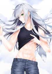 Rule 34 | 1girl, abs, androgynous, bare shoulders, black tank top, breasts, clothes lift, cloud, collarbone, commentary request, cowboy shot, green eyes, hair between eyes, heterochromia, hip bones, long hair, looking at viewer, messy hair, midriff, muscular, muscular female, navel, open mouth, original, pants, shirt lift, sidelocks, silver hair, sky, small breasts, solo, sweat, tank top, towel, towel on one shoulder, waka (shark waka), wind, wind lift, yellow eyes