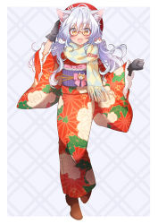 Rule 34 | 1girl, animal ears, black gloves, brown eyes, brown footwear, cat ears, cat hair ornament, clenched hand, floral print, full body, glasses, gloves, hair ornament, hand up, hat, japanese clothes, kawanobe, kimono, obi, original, outside border, red-framed eyewear, red headwear, sash, scarf, standing, tachi-e, white hair, wide sleeves