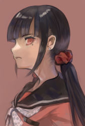 Rule 34 | 1girl, black hair, black sailor collar, blunt bangs, bow, closed mouth, danganronpa (series), danganronpa v3: killing harmony, earrings, from side, frown, hair ornament, hair scrunchie, harukawa maki, highres, jewelry, long hair, looking at viewer, looking to the side, low twintails, mai yukari, mole, mole under eye, profile, red background, red eyes, red scrunchie, red shirt, sailor collar, scrunchie, shirt, solo, twintails, upper body
