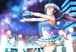 Rule 34 | 10s, 1girl, armpits, bare shoulders, blush, breasts, building, dress, flower, gloves, green eyes, hair flower, hair ornament, haruken, head wreath, large breasts, long hair, love live!, love live! school idol project, night, night sky, outstretched arms, purple hair, sideboob, sky, smile, solo, star (sky), starry sky, thighhighs, tojo nozomi, twintails, wreath, yume no tobira