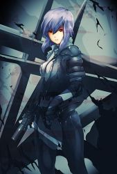 Rule 34 | 00s, 1girl, blue hair, bodysuit, female focus, fingerless gloves, ghost in the shell, ghost in the shell stand alone complex, gloves, gun, kusanagi motoko, purple hair, red eyes, rifle, sato (options), short hair, solo, weapon