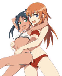 Rule 34 | 2girls, animal ears, arms around neck, arms behind head, bikini, black hair, blue eyes, breasts, charlotte e. yeager, commentary, dark-skinned female, dark skin, fang, francesca lucchini, green eyes, hair ribbon, hug, hug from behind, long hair, looking at viewer, medium breasts, multiple girls, nanashino, navel, open fly, open mouth, orange hair, red bikini, ribbon, simple background, skindentation, small breasts, smile, standing, strike witches, swimsuit, twintails, white background, white ribbon, world witches series
