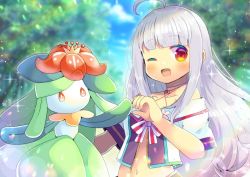 Rule 34 | 1girl, ;d, ahoge, bare shoulders, blurry, blurry background, blush, bow, breasts, commentary request, creatures (company), crossover, crown, day, depth of field, flower, game freak, gen 5 pokemon, kou hiyoyo, lilligant, long hair, looking at viewer, mini crown, navel, nintendo, off-shoulder shirt, off shoulder, one eye closed, open mouth, outdoors, pokemon, pokemon (creature), red eyes, red flower, shirt, short sleeves, small breasts, smile, striped, striped bow, tree, upper body, very long hair, virtual youtuber, white shirt