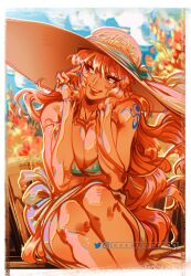 Rule 34 | 1girl, arm tattoo, bikini, blue nails, commentary, english commentary, flower, hair between eyes, highres, instagram username, large hat, looking to the side, nami (one piece), one piece, orange hair, sitting, sky, smile, solo, swimsuit, tattoo, twitter username, vanxllavina