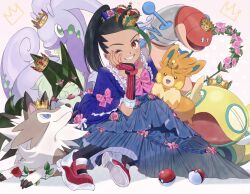 Rule 34 | 1girl, black hair, blue dress, blue eyes, bow, creatures (company), crown, dress, dudunsparce, flower, freckles, game freak, gen 6 pokemon, gen 7 pokemon, goodra, green eyes, green fur, green hair, grin, highres, long hair, lycanroc, lycanroc (midday), meowscarada, multicolored hair, nemona (pokemon), nintendo, one eye closed, open mouth, orange eyes, orthworm, p m ame, pantyhose, pawmot, pink bow, pink flower, pink rose, poke ball, poke ball (basic), pokemon, pokemon (creature), pokemon sv, ponytail, red eyes, red flower, red rose, rose, shoes, sitting, slime (substance), smile, sneakers, streaked hair, two-tone hair