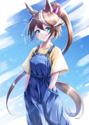 Rule 34 | 1girl, :o, absurdres, animal ears, blue eyes, blue overalls, blush, breasts, brown hair, collarbone, commentary request, hair between eyes, hands in pockets, highres, horse ears, horse girl, horse tail, long hair, looking at viewer, multicolored hair, overalls, ponytail, shirt, signature, solo, standing, streaked hair, tail, takemura kou, tokai teio (umamusume), umamusume, white hair, yellow shirt