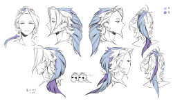 Rule 34 | 2boys, blue hair, bright pupils, brothers, character sheet, closed mouth, commentary request, ear piercing, highres, long hair, looking at viewer, looking back, looking to the side, male focus, multicolored hair, multiple boys, multiple views, original, partially colored, piercing, portrait, purple hair, siblings, simple background, streaked hair, translation request, turnaround, twins, white background, zzb azz