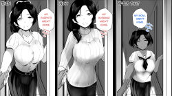 Rule 34 | 1boy, 2girls, bilingual, breasts, cheating (relationship), comic, english text, engrish text, greyscale, hair over shoulder, highres, large breasts, long hair, long sleeves, looking at viewer, mature female, meow7tail, mixed-language text, monochrome, mother and daughter, multiple girls, open mouth, original, ponytail, ranguage, school uniform, short sleeves, speech bubble, thai text