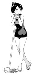 Rule 34 | 10s, 1girl, bare legs, bare shoulders, blush, broom, full body, greyscale, kantai collection, looking away, monochrome, name tag, nathaniel pennel, one-piece swimsuit, ponytail, sandals, school swimsuit, shikinami (kancolle), short hair, simple background, solo, swimsuit, white background