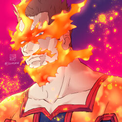 Rule 34 | 1boy, alternate hair color, beard stubble, bodysuit, boku no hero academia, brown hair, embers, endeavor (boku no hero academia), expressionless, facial hair, fiery beard, fiery hair, flaming eyes, gradient background, isomine, looking at viewer, male focus, mature male, mustache, mustache stubble, pectorals, portrait, scar, scar across eye, serious, short hair, sideburns stubble, solo, stubble, thick eyebrows