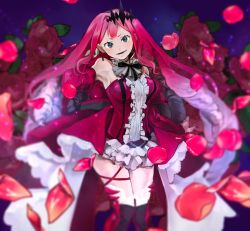 Rule 34 | 1girl, baobhan sith (fate), baobhan sith (first ascension) (fate), black ribbon, black thighhighs, blue background, blurry, blurry foreground, fate/grand order, fate (series), flower, frills, highres, long hair, mmykmk (apple58), petals, pink hair, ribbon, rose, smile, thigh strap, thighhighs