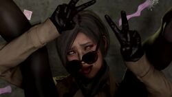 Rule 34 | 1girl, 3d, ada wong, ahegao, animated, black gloves, double v, gloves, implied sex, legs over head, looping animation, medliman, oral, pumping, resident evil, resident evil 4, short hair, sunglasses, tagme, v, video
