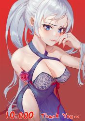 Rule 34 | 1girl, bad id, bad pixiv id, bare shoulders, blue dress, blue eyes, breasts, cleavage, commentary request, dress, fingernails, highres, jewelry, lips, long fingernails, long hair, looking at viewer, medium breasts, nail polish, no panties, pelvic curtain, ponytail, ring, rwby, scar, scar across eye, scar on face, shiny skin, side ponytail, simple background, solo, standing, wangxiii, weiss schnee, white hair