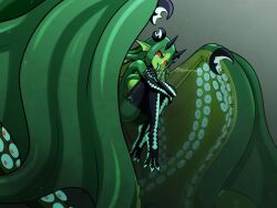 Rule 34 | 1girl, absurdly long hair, animal feet, artist name, black horns, black scales, claws, colored sclera, colored skin, colored tongue, full body, green background, green hair, green sclera, green skin, green tongue, head wings, highres, horizontal pupils, horns, knees up, long hair, looking at viewer, monster girl, nude, original, red eyes, scales, sidelocks, simple background, solo, suction cups, tentacle hair, tentacle tongue, tentacles, toipokun oyashi, tongue, tongue out, twitter username, very long hair, wings