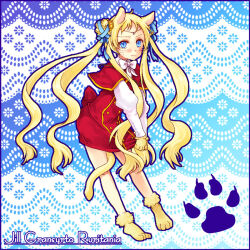Rule 34 | 1girl, animal ears, animal hands, blue background, blue eyes, blue ribbon, blush, bow, cat tail, character name, circlet, dress, hair ribbon, jill gransyrto ruritania, leaning forward, long hair, long sleeves, looking at viewer, niruho, paw print, puffy long sleeves, puffy sleeves, quad tails, red dress, ribbon, solo, sugarcoat freaks, tail, very long hair, whiskers, white bow