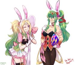 Rule 34 | 2girls, aged up, ahoge, animal ears, artist request, bad id, bad twitter id, blush, breasts, detached collar, egg, fake animal ears, fire emblem, fire emblem: mystery of the emblem, fire emblem awakening, fire emblem heroes, fishnet pantyhose, fishnets, gloves, green eyes, green hair, highres, leotard, long hair, multiple girls, nintendo, nowi (fire emblem), open mouth, pantyhose, playboy bunny, pointy ears, ponytail, purple eyes, rabbit ears, rabbit tail, smile, tail, tiara, tiki (adult) (fire emblem), tiki (fire emblem), wrist cuffs