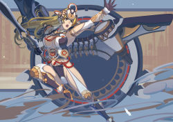 Rule 34 | 1girl, angel, armor, blonde hair, blue eyes, breasts, crotch plate, elbow gloves, forehead protector, gloves, greaves, hairpods, halo, kondou totetsu, large breasts, long hair, mechanical halo, mechanical wings, open mouth, original, solo, sword, weapon, wings