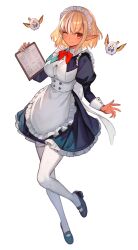 Rule 34 | 1girl, alternate costume, black footwear, blonde hair, bow, closed mouth, dark-skinned female, dark skin, enmaided, full body, high heels, highres, hololive, lack, long sleeves, looking at viewer, maid, multicolored hair, one eye closed, pointy ears, red bow, red eyes, shiranui flare, simple background, smile, solo, thighhighs, virtual youtuber, white background, white hair, white thighhighs