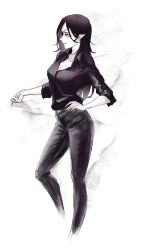 Rule 34 | 1girl, black hair, black legwear, black shirt, breasts, cigarette, cleavage, collared shirt, commentary, cropped legs, denim, english commentary, eyepatch, hair behind ear, hand on own hip, hideko (hyde (tabakko)), high-waist pants, highres, holding, holding cigarette, hyde (tabakko), jeans, long hair, looking ahead, medium breasts, one eye covered, original, pants, pointy ears, red eyes, shirt, shirt tucked in, smoking, solo, vampire, white background