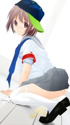 Rule 34 | 1girl, all fours, armband, ass, baseball cap, black footwear, blue headwear, blue neckerchief, blush, brown eyes, brown hair, clothes lift, dedenden (pixiv30568724), from behind, grey skirt, hat, highres, looking at viewer, neckerchief, panties, panty pull, peeing, puddle, school uniform, shirt, shoes, short hair, short sleeves, sideways hat, skirt, skirt lift, smile, thighhighs, toilet paper, underwear, white panties, white shirt, white thighhighs