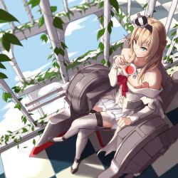 Rule 34 | 10s, 1girl, bare shoulders, blonde hair, blue eyes, braid, chair, crossed legs, crown, cup, den (kur0 yuki), dress, from above, garter straps, hairband, half up braid, kantai collection, long hair, mini crown, off shoulder, sitting, solo, teacup, thighhighs, throne, warspite (kancolle)
