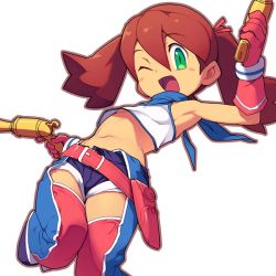 Rule 34 | 1girl, breasts, female focus, gloves, green eyes, holding, holding weapon, metata, midriff, one eye closed, saru getchu, sayaka (saru getchu), short shorts, shorts, simple background, small breasts, solo, twintails, underboob, weapon, white background