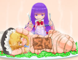 Rule 34 | 2girls, @ @, armpit hair, armpits, arms up, bdsm, black headwear, blonde hair, blue bow, blunt bangs, blush, bondage, bound, bow, bowtie, braid, breasts, cannibalism, capelet, cherry tomato, commentary request, cookie (touhou), dress, dutch angle, feet out of frame, fork, grin, hat, holding, holding fork, holding knife, kirisame marisa, knife, large breasts, lettuce, long hair, looking at another, mars (cookie), multi-tied hair, multiple girls, nude, otemoto (baaaaloooo), patchouli knowledge, pink capelet, purple dress, purple eyes, purple hair, red neckwear, sharp teeth, side braid, sidelocks, single braid, smile, striped clothes, striped dress, taisa (cookie), teeth, tomato, touhou, vertical-striped clothes, vertical-striped dress, wavy mouth, witch hat, yellow eyes, yuri