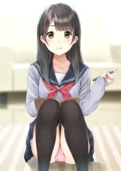 Rule 34 | 1girl, bashosho, black skirt, black thighhighs, blurry, blurry background, blush, brown eyes, brown hair, collarbone, commentary request, depth of field, feet out of frame, grey shirt, highres, holding, holding pencil, long hair, long sleeves, neckerchief, original, panties, pantyshot, parted lips, pencil, pink panties, pleated skirt, red neckerchief, school uniform, serafuku, shirt, sitting, skirt, sleeves past wrists, solo, thighhighs, underwear