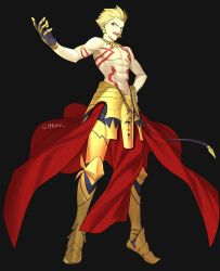 Rule 34 | 1boy, abs, armor, black background, blonde hair, body markings, chietori, earrings, fate/grand order, fate (series), fingernails, full body, gilgamesh (fate), gloves, gold armor, hand on own hip, highres, jewelry, male focus, necklace, official style, open mouth, red eyes, short hair, sideways glance, simple background, single glove, solo, teeth, topless male, twitter username, upper teeth only