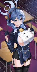 Rule 34 | 1girl, absurdres, ako (blue archive), bell, blue archive, blue eyes, blue hair, breasts, clipboard, desk, ear piercing, from above, garter straps, gun, hairband, halo, handgun, highres, holding, holding pen, large breasts, looking at viewer, neck bell, nyanbutter, pen, photoshop (medium), piercing, school desk, sideboob, smile, solo, thighhighs, thighs, weapon