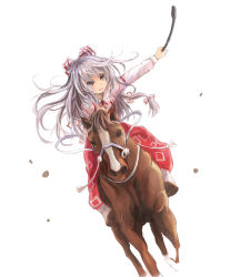 Rule 34 | 1girl, armband, bow, bridle, dutch angle, fujiwara no mokou, hair blowing, hair bow, highres, horse, horseback riding, long hair, long sleeves, looking to the side, ofuda, outstretched arm, pants, parted lips, purple eyes, redrawn, reins, riding, riding crop, sandals, shimada sarasara, silver hair, simple background, sketch, solo, tabi, touhou, unfinished, white background