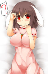 Rule 34 | 1girl, ?, aged up, alternate breast size, animal ears, blush, breasts, brown hair, carrot, carrot necklace, dress, highres, impossible clothes, impossible dress, inaba tewi, jewelry, large breasts, md5 mismatch, necklace, pendant, pink dress, rabbit ears, red eyes, short hair, smile, solo, spoken question mark, touhou, us2s