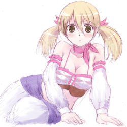 Rule 34 | 1girl, arm support, atelier (series), atelier rorona, bare shoulders, blonde hair, blush, breasts, cleavage, collarbone, detached sleeves, female focus, green eyes, hair ribbon, kusaka maichi, lionela heinze, long sleeves, looking at viewer, midriff, parted lips, ribbon, scarf, sketch, solo, twintails, white background
