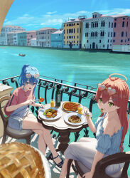 Rule 34 | 2girls, absurdres, ahoge, asakura (asa t77), boat, bottle, breakfast, cherry tomato, city, closed mouth, commentary request, eating, egg, eyewear on head, food, food in mouth, food on face, fork, fruit, ham, heart, heart-shaped eyewear, highres, holding, holding fork, hololive, hoshimachi suisei, italy, long hair, long sleeves, looking at viewer, muccilini venice, multicolored shirt, multiple girls, mushroom, open mouth, outdoors, pasta, pie, pink shirt, pizza, plate, ponytail, river, sakura miko, shirt, skirt, smoke, spaghetti, strawberry, tomato, vacation, venice, virtual youtuber, watercraft, white shirt