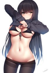 Rule 34 | 1girl, bikini, bikini top only, black bikini, black hair, black pantyhose, blush, breasts, brown eyes, cleavage, closed mouth, clothes lift, clothes pull, grey sweater, highres, large breasts, lifted by self, long hair, long sleeves, looking at viewer, navel, original, pantyhose, pantyhose pull, shirt lift, simple background, solo, sweater, swimsuit, thighs, white background, wsman