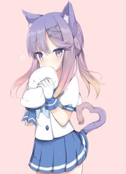 Rule 34 | 1girl, animal ears, blue neckerchief, blue ribbon, blue skirt, blush, buttons, cat ears, cat tail, commentary request, covered mouth, gloves, gradient hair, hair between eyes, hair ornament, hat, heart, heart tail, highres, holding, kamu (geeenius), kantai collection, kemonomimi mode, long hair, looking at viewer, multicolored hair, neckerchief, orange hair, pleated skirt, puffy short sleeves, puffy sleeves, purple eyes, purple hair, ribbon, sailor hat, school uniform, serafuku, short hair, short sleeves, sidelocks, simple background, skirt, solo, standing, tail, tareme, tsushima (kancolle), white gloves, white hat