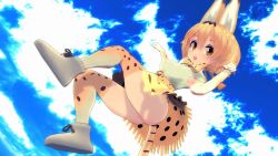 Rule 34 | 10s, 1girl, 3d, animal ears, blonde hair, blush, breasts, cat ears, cat girl, cat tail, cloud, day, from below, kemono friends, large breasts, looking at viewer, open mouth, orange eyes, paw pose, serval (kemono friends), serval tail, short hair, sky, solo, standing, tail, thighhighs, thighs