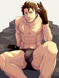 Rule 34 | 1boy, abs, alvin (tales), ass, bara, black hair, black male underwear, bulge, funa (artist), gloves, grin, looking at viewer, male focus, male underwear, muscular, pectorals, pubic hair, smile, solo, tales of (series), tales of xillia, thong, topless male, underwear