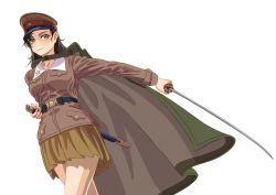 Rule 34 | 1girl, adapted costume, asymmetrical bangs, belt, black belt, black hair, brown cape, brown eyes, brown hat, brown jacket, cape, chi-hatan military uniform, closed mouth, commentary request, dutch angle, girls und panzer, green cape, hat, highres, holding, holding sword, holding weapon, jacket, katana, long hair, long sleeves, looking at viewer, military, military hat, military uniform, miniskirt, nishi kinuyo, partial commentary, peaked cap, pleated skirt, scabbard, sheath, simple background, skirt, smile, solo, standing, star (symbol), straight hair, sword, tigern (tigern28502735), two-sided cape, two-sided fabric, uniform, unsheathed, weapon, white background, yellow skirt