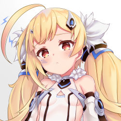 Rule 34 | 1girl, ahoge, azur lane, blonde hair, blush, breasts, character name, closed mouth, commentary, detached sleeves, dress, eldridge (azur lane), facial mark, fur collar, gradient background, grey background, hair ornament, hairclip, head tilt, highres, lightning bolt symbol, long hair, long sleeves, looking at viewer, ponta (velmar), red eyes, revision, sidelocks, sleeveless, sleeveless dress, small breasts, solo, symbol-only commentary, twintails, upper body, very long hair, white background, white dress, white sleeves