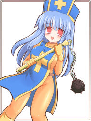 Rule 34 | 1girl, blue hat, blue tabard, blush, bodysuit, boots, dragon quest, dragon quest iii, flail, hat, latex, long hair, mitre, open mouth, priest (dq3), red eyes, ry (yagoyago), solo, square enix, tabard, thigh gap, thighs, weapon