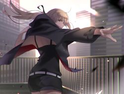 Rule 34 | 1girl, absurdres, ahoge, artoria pendragon (all), artoria pendragon (fate), backlighting, belt, black jacket, black ribbon, black shirt, blonde hair, closed mouth, fate/stay night, fate (series), floating hair, from behind, hair ribbon, highres, hood, hood down, hooded jacket, huge filesize, jacket, light particles, long hair, looking at viewer, looking back, oekaki taro, official alternate costume, open clothes, open jacket, outdoors, outstretched arm, outstretched hand, profile, ribbon, saber alter, saber alter (ver. shinjuku 1999) (fate), shirt, shoulder blades, sleeveless, sleeveless shirt, solo, white belt, yellow eyes