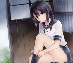 Rule 34 | 10s, 1girl, black hair, bow, braid, brown eyes, commentary request, hair between eyes, hair bow, hair over shoulder, highres, isonami (kancolle), kantai collection, looking at viewer, neit ni sei, pleated skirt, rain, school uniform, serafuku, shelter, sitting, skirt, smile, socks, solo, wet, wet clothes