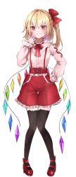 Rule 34 | 1girl, alternate costume, black thighhighs, blonde hair, blush, closed mouth, crystal, flandre scarlet, full body, highres, long hair, long sleeves, one side up, pink shirt, red eyes, red footwear, red shorts, shironeko yuuki, shirt, shoes, shorts, simple background, smile, solo, thighhighs, touhou, white background, wings