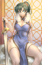Rule 34 | 1girl, blue eyes, breasts, chinese clothes, cleavage, curvy, earrings, fire emblem, fire emblem: the blazing blade, fur trim, green hair, hip focus, jewelry, large breasts, lyn (fire emblem), nintendo, panties, pelvic curtain, ponytail, sajittari, side-tie panties, side slit, solo, sword, thick thighs, thighhighs, thighs, underwear, weapon, wide hips