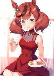 Rule 34 | 1girl, :d, absurdres, animal ears, bad id, bad pixiv id, bare arms, bare shoulders, blurry, blurry background, blush, breasts, brown eyes, brown hair, cake, cake slice, commentary request, covered collarbone, curtains, depth of field, dress, food, fork, highres, hirota fruit, holding, holding fork, holding plate, horse ears, looking at viewer, multicolored hair, nice nature (umamusume), open mouth, plate, red dress, sitting, sleeveless, sleeveless dress, small breasts, smile, solo, streaked hair, transparent, twintails, umamusume, window