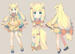 Rule 34 | 1girl, :o, animal ears, bear ears, blonde hair, bloomers, blush, bow, brown background, closed mouth, commentary request, dress, green eyes, hair bow, head tilt, long hair, long sleeves, looking at viewer, looking away, low-tied long hair, meito (maze), multiple views, orange bloomers, orange bow, orange dress, original, parted lips, profile, simple background, sleeves past wrists, smile, striped, striped bow, underwear, very long hair, wide sleeves, x-ray, yellow bloomers