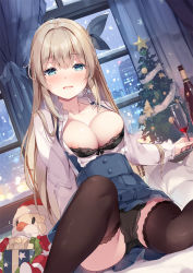 Rule 34 | 1girl, areola slip, black thighhighs, blonde hair, blue bow, blue bowtie, blue eyes, blue skirt, blush, bow, bowtie, bra, breasts, character request, christmas, cleavage, collared shirt, copyright request, hair ribbon, large breasts, long hair, long sleeves, looking at viewer, miyase mahiro, nipple slip, nipples, open clothes, panties, pleated skirt, ribbon, shirt, sitting, skirt, solo, suspender skirt, suspenders, thighhighs, under skirt, underbust, underwear, white shirt