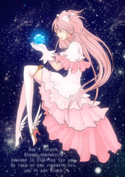 Rule 34 | 10s, 1girl, boots, choker, dress, earth (planet), english text, female focus, full body, gloves, high heels, highres, ichii (flow), kaname madoka, light smile, long hair, mahou shoujo madoka magica, mahou shoujo madoka magica (anime), pink eyes, pink hair, planet, profile, shoes, solo, space, spoilers, thigh boots, thighhighs, ultimate madoka, white dress, white gloves, white thighhighs